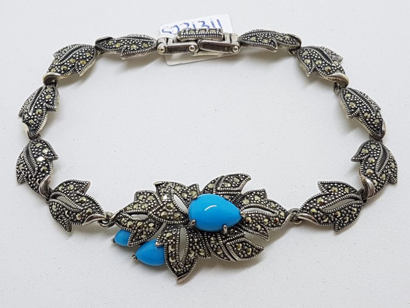 20200611_124006 Stunning Sterling Silver Large and Long Reconstituted Turquoise and Marcasite Ornate Bracelet