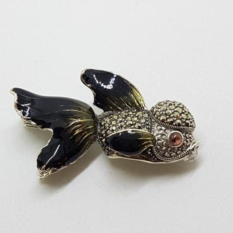 Sterling Silver Marcasite and Enamel Fish Brooch