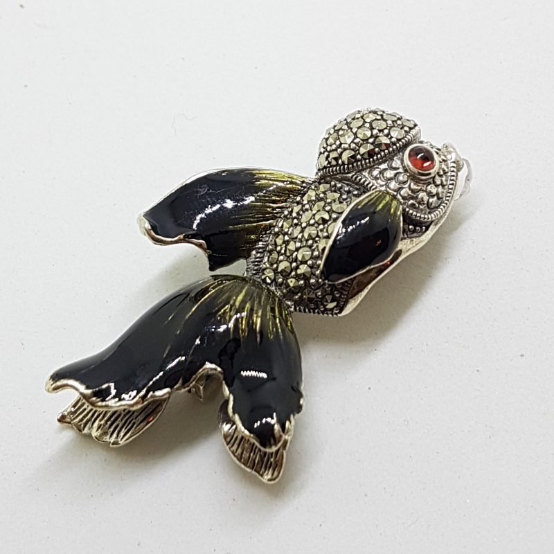 20200611_124034 Sterling Silver Marcasite and Enamel Fish Brooch
