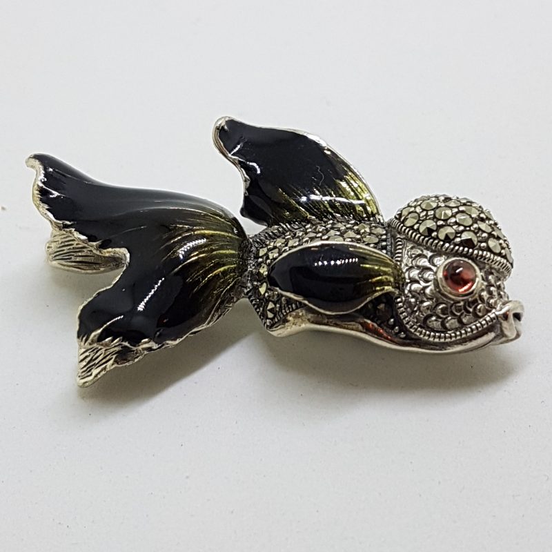 20200611_124128 Sterling Silver Marcasite and Enamel Fish Brooch