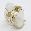 Sterling Silver Very Large Mother of Pearl, Moonstone, Pearl & Peridot Ring - Russian Designer