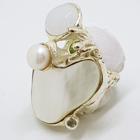 Sterling Silver Very Large Mother of Pearl, Moonstone, Pearl & Peridot Ring - Russian Designer