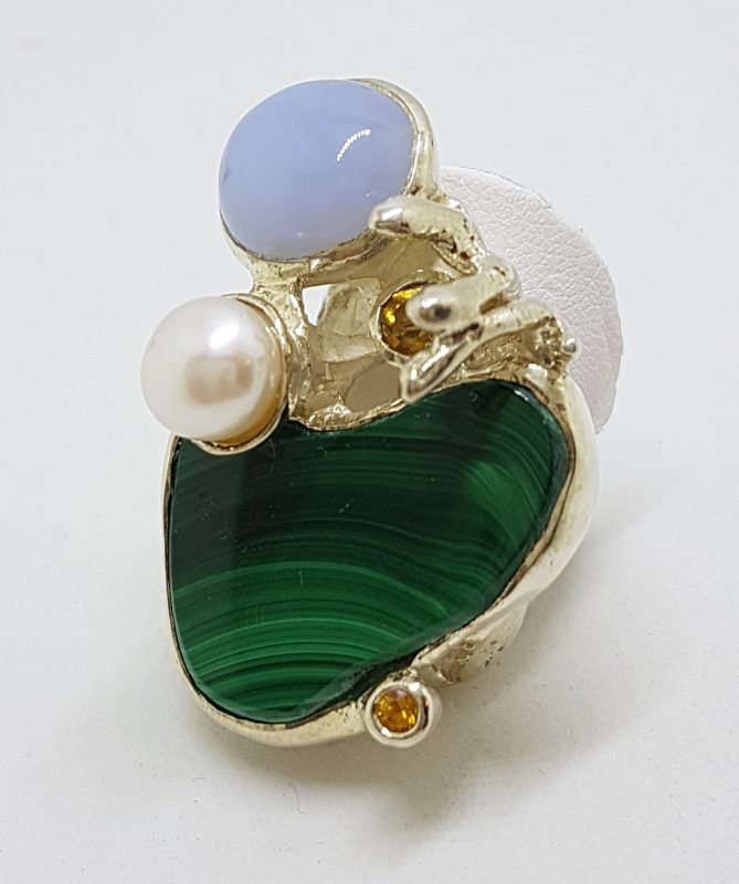 Sterling Silver Very Large Malachite Pearl, Blue Agate & Citrine Ring - Russian Designer