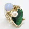 Sterling Silver Very Large Malachite Pearl, Blue Agate & Citrine Ring - Russian Designer