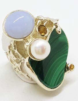 Sterling Silver Very Large Malachite Pearl, Blue Agate & Citrine Ring - Russian Designer