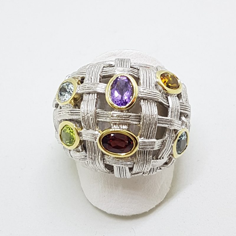 Sterling Silver Large Plait Design Multi-Coloured Gemstones Cluster Ring - Russian Designer