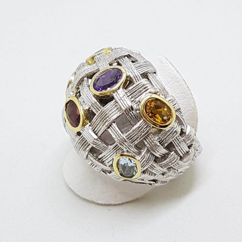 Sterling Silver Large Plait Design Multi-Coloured Gemstones Cluster Ring - Russian Designer