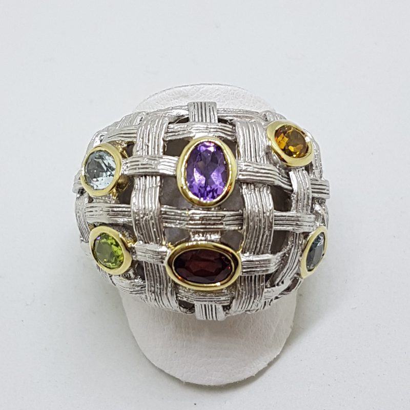 Sterling Silver Large Plait Design Multi-Coloured Gemstones Cluster Ring - Russian Designer
