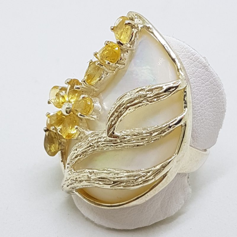 Sterling Silver Large Mother of Pearl and Citrine Leaf Russian Design Ring