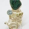 Sterling Silver Very Long and Large Malachite & Topaz Ring - Russian Designer