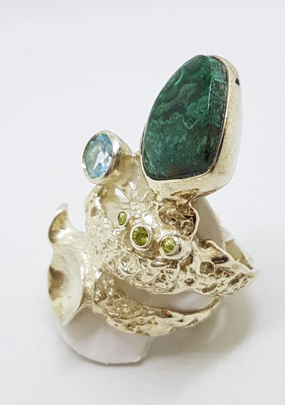 Sterling Silver Very Long and Large Malachite & Topaz Ring - Russian Designer