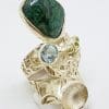 Sterling Silver Very Long and Large Malachite & Topaz Ring - Russian Designer