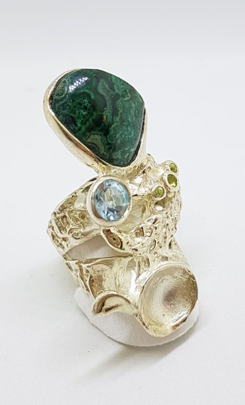 Sterling Silver Very Long and Large Malachite & Topaz Ring - Russian Designer