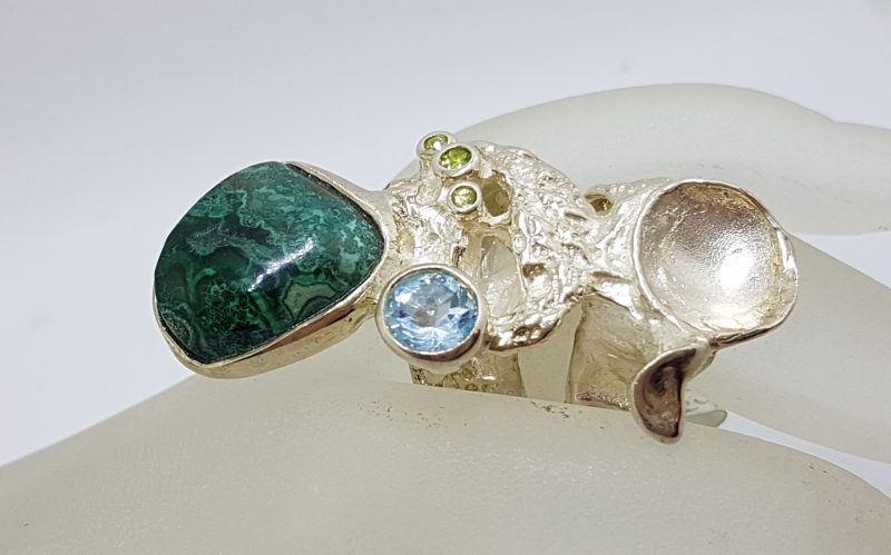 Sterling Silver Very Long and Large Malachite & Topaz Ring - Russian Designer