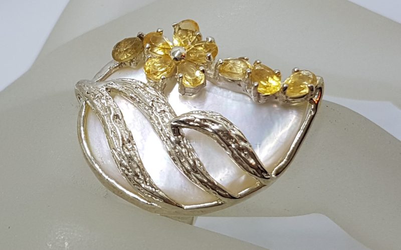 Sterling Silver Large Mother of Pearl and Citrine Leaf Russian Design Ring