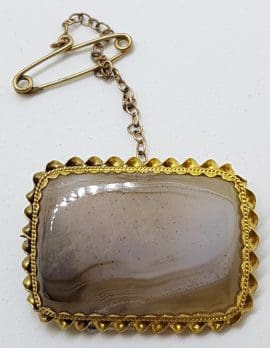 9ct Yellow Gold Large Rectangular Agate with Twist Rim Brooch - Antique / Vintage