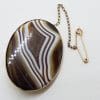 9ct Yellow Gold Large Oval Agate Brooch - Antique / Vintage