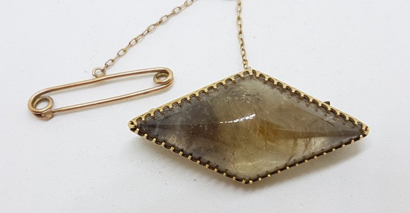 9ct Yellow Gold Large Marquis Shape Agate Brooch - Antique / Vintage