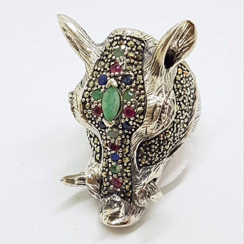 Sterling Silver Very Large Wild Boar/Pig Head Ring with Marcasite, Ruby, Sapphire and Emerald