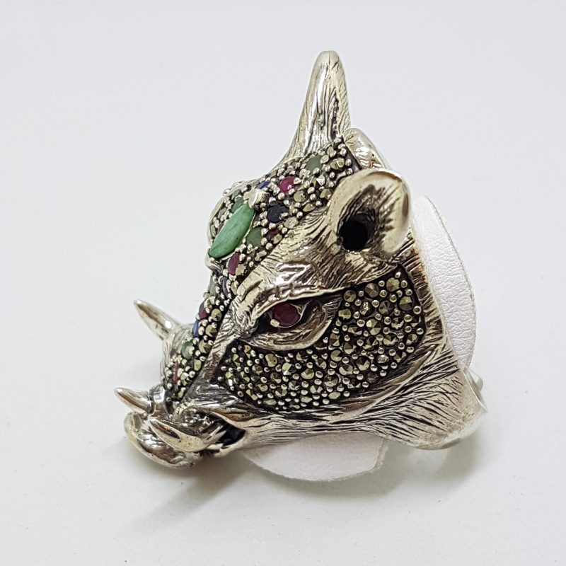Sterling Silver Very Large Wild Boar/Pig Head Ring with Marcasite, Ruby, Sapphire and Emerald