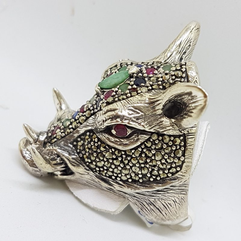 Sterling Silver Very Large Wild Boar/Pig Head Ring with Marcasite, Ruby, Sapphire and Emerald