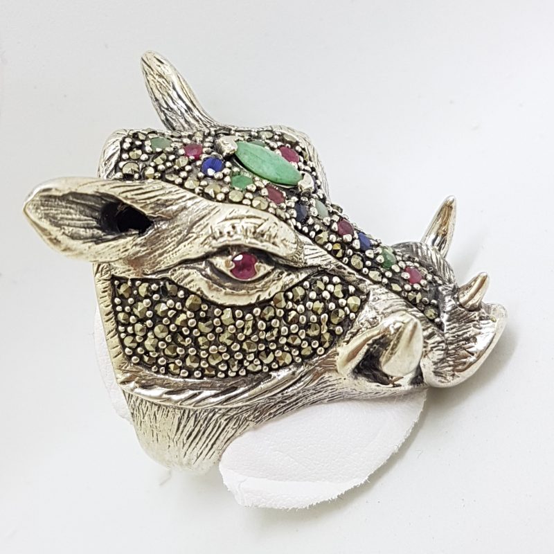 Sterling Silver Very Large Wild Boar/Pig Head Ring with Marcasite, Ruby, Sapphire and Emerald