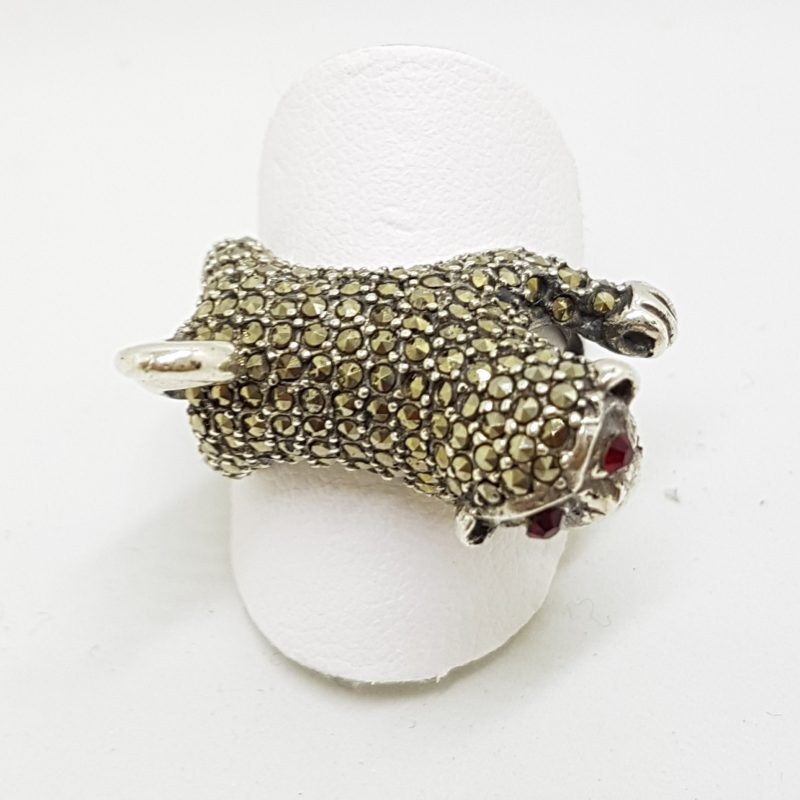 Sterling Silver Marcasite with Red Eyes Monkey Ring