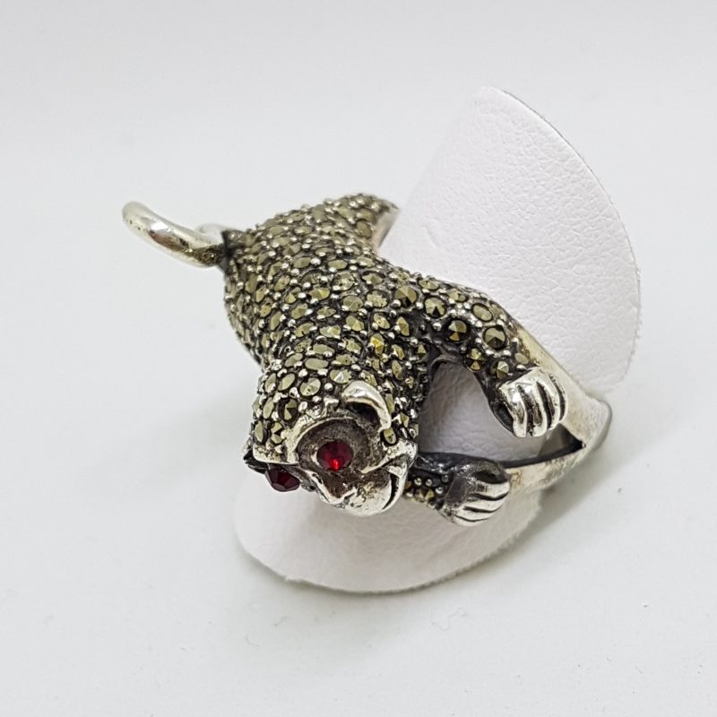 Sterling Silver Marcasite with Red Eyes Monkey Ring