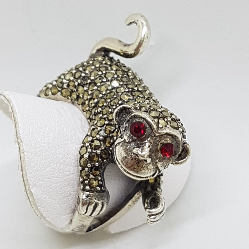 Sterling Silver Marcasite with Red Eyes Monkey Ring