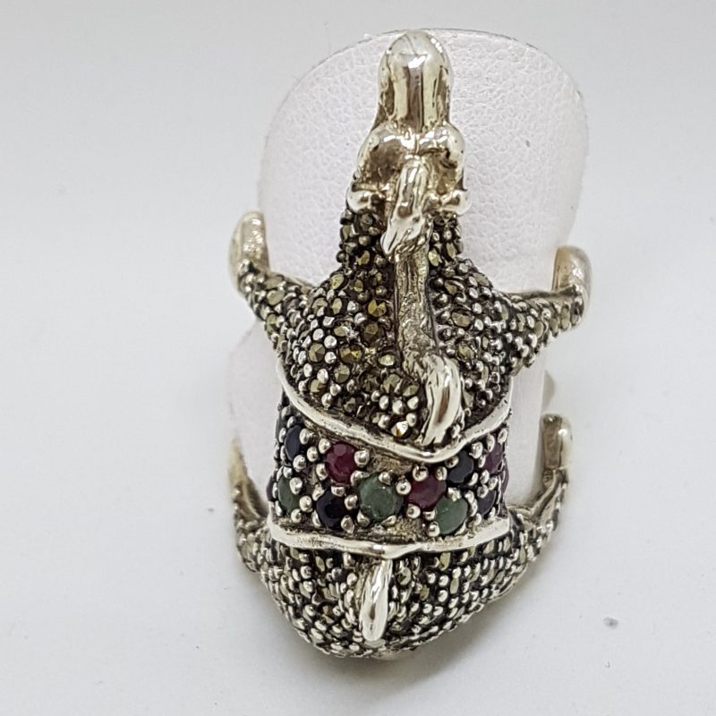 Sterling Silver Very Large Camel Ring with Marcasite, Ruby, Sapphire and Emerald