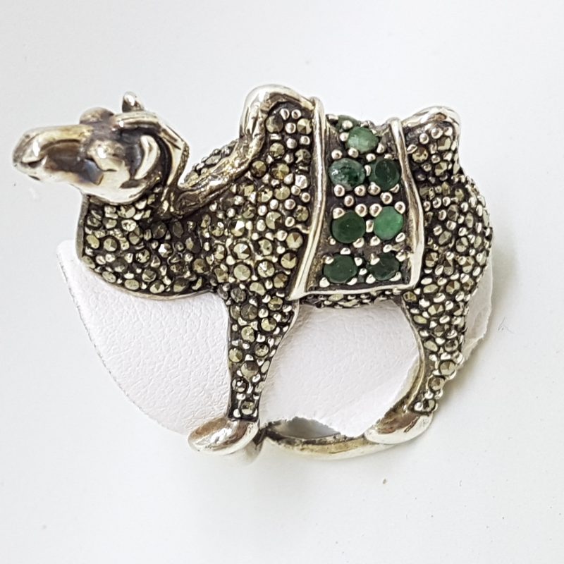 Sterling Silver Very Large Camel Ring with Marcasite and Emerald