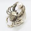 Sterling Silver Very Large Marcasite & Pearl Crab Ring