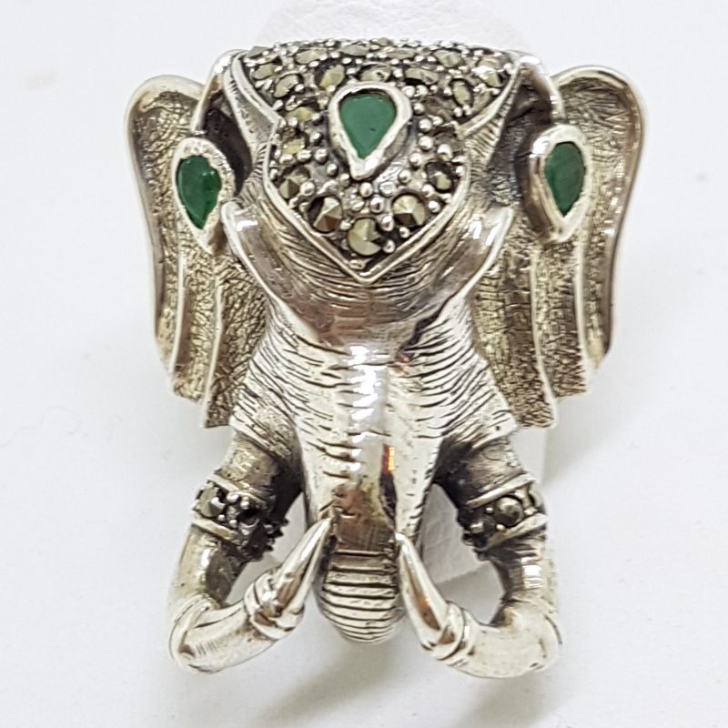Sterling Silver Very Large Elephant Head Ring with Marcasite and Emerald