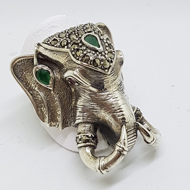 Sterling Silver Very Large Elephant Head Ring with Marcasite and Emerald