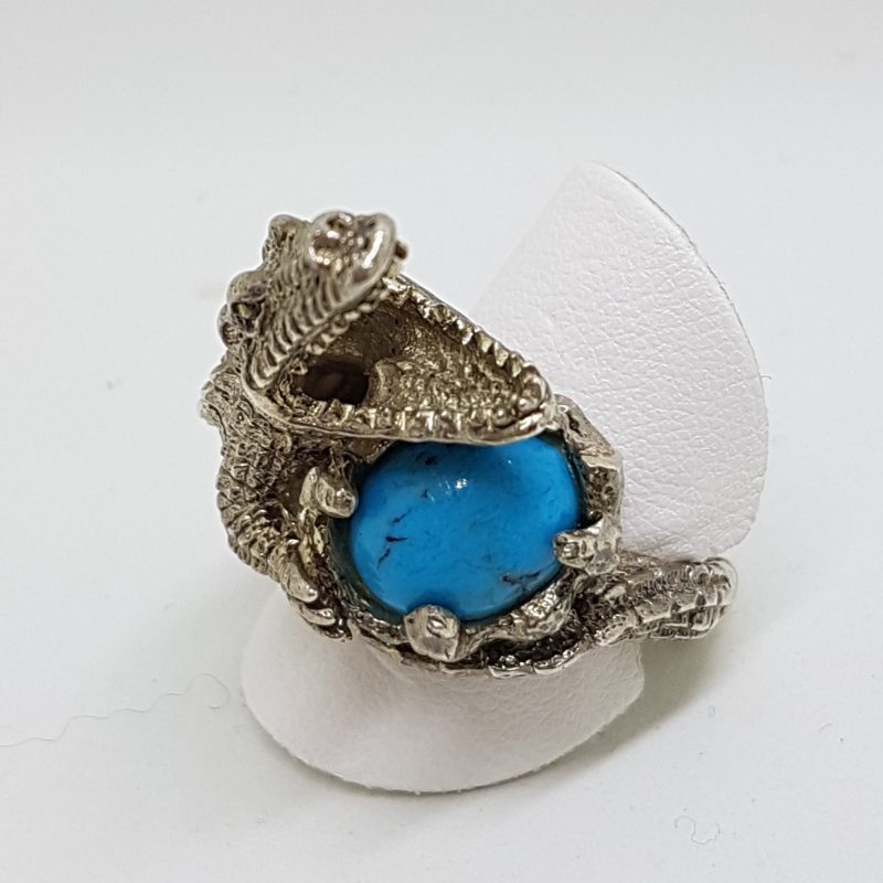 Sterling Silver Large Marcasite & Blue Recon. Turquoise Alligator/Crocodile Ring