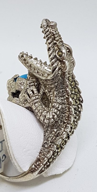 Sterling Silver Large Marcasite & Blue Recon. Turquoise Alligator/Crocodile Ring