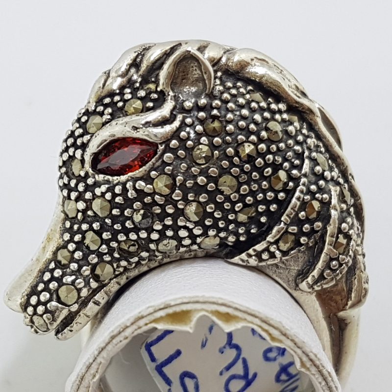 20200612_085910 Sterling Silver Marcasite & Garnet Large Horse Head Ring