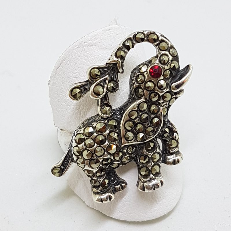 20200612_090127 Sterling Silver Marcasite Elephant with Red Eye Ring