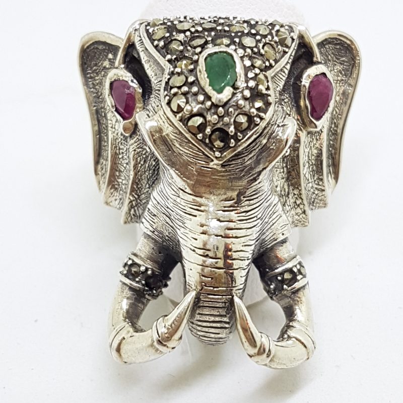 Sterling Silver Very Large Elephant Head Ring with Marcasite, Ruby and Emerald