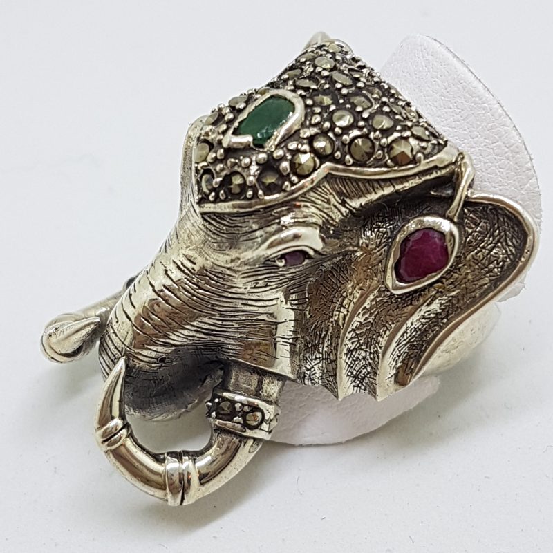 Sterling Silver Very Large Elephant Head Ring with Marcasite, Ruby and Emerald