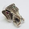Sterling Silver Very Large Elephant Head Ring with Marcasite, Ruby and Emerald