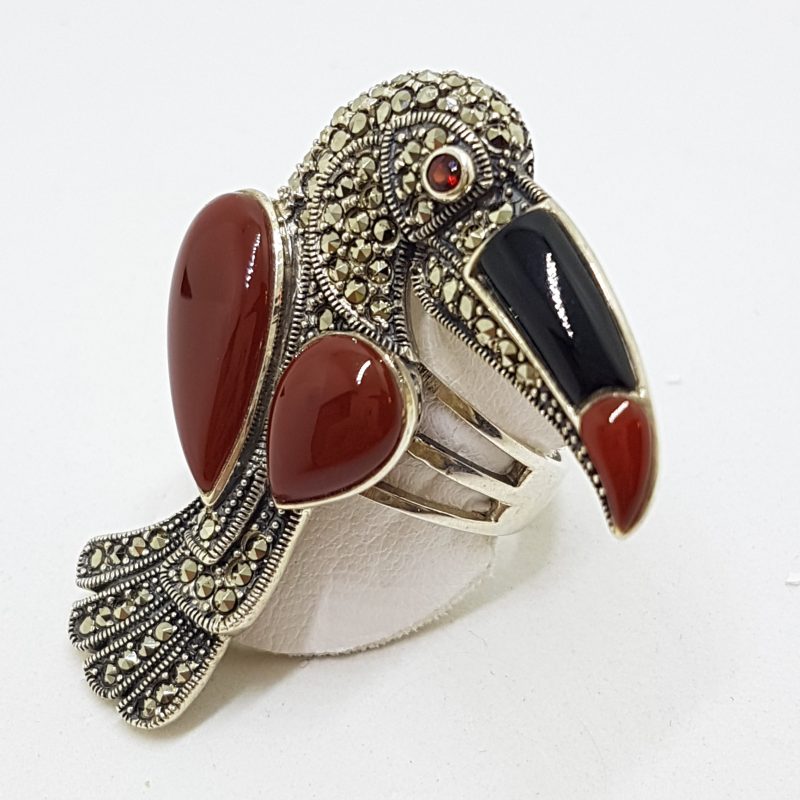 20200612_114431 Sterling Silver Large Toucan Ring with Marcasite, Onyx and Carnelian