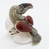 Sterling Silver Large Toucan Ring with Marcasite, Onyx and Carnelian