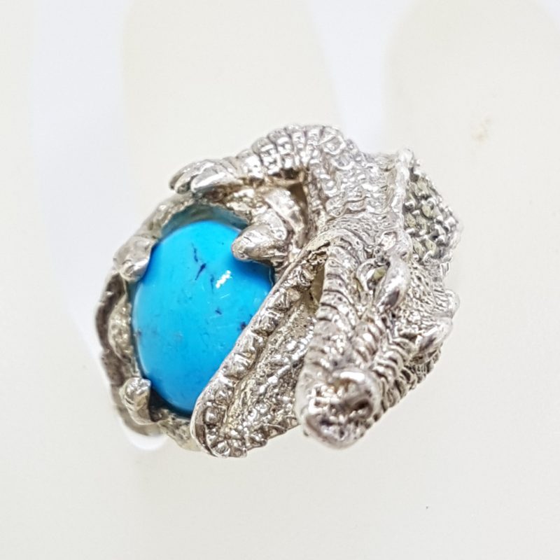 Sterling Silver Large Marcasite & Blue Recon. Turquoise Alligator/Crocodile Ring