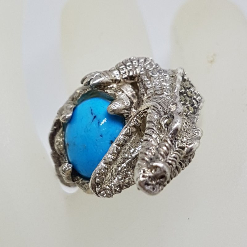 Sterling Silver Large Marcasite & Blue Recon. Turquoise Alligator/Crocodile Ring