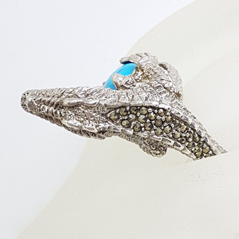 Sterling Silver Large Marcasite & Blue Recon. Turquoise Alligator/Crocodile Ring