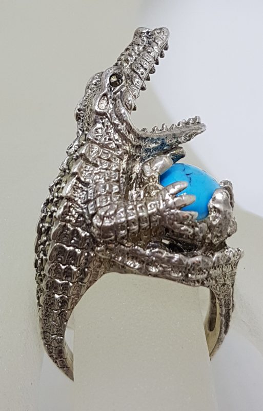 Sterling Silver Large Marcasite & Blue Recon. Turquoise Alligator/Crocodile Ring