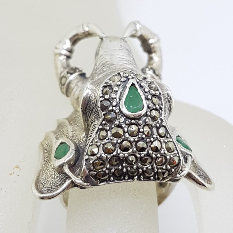 Sterling Silver Very Large Elephant Head Ring with Marcasite and Emerald