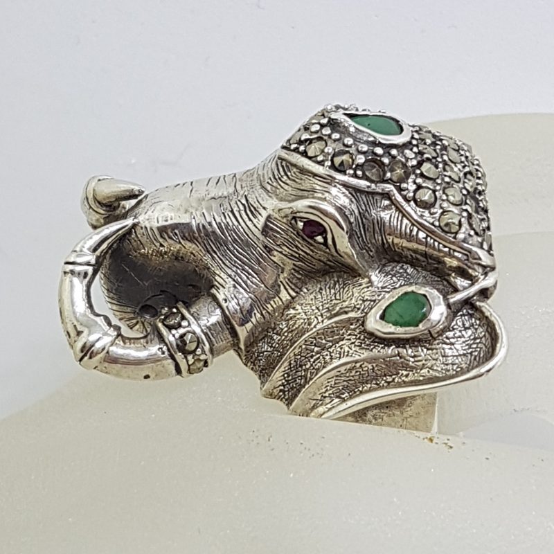 Sterling Silver Very Large Elephant Head Ring with Marcasite and Emerald