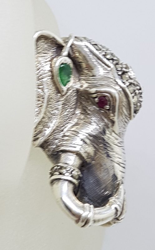 Sterling Silver Very Large Elephant Head Ring with Marcasite and Emerald